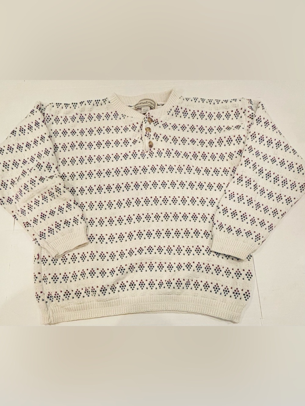 Cream Knit Henley Crew Sweater with Navy & Burgundy Dot Pattern